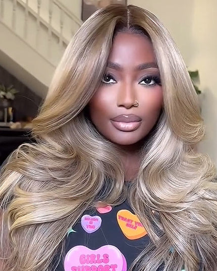 Highlight Honey Blonde Lace Front Body Wave Transparent Lace Wig 100% Human Hair Glueless Wig junoda