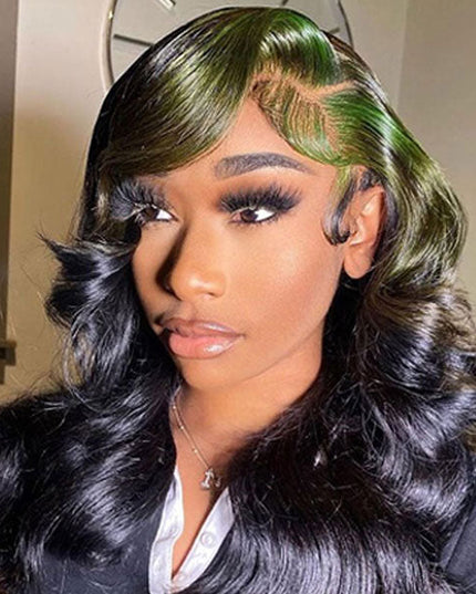 omgjackiee Recommend Color Green Skunk Stripe Hair Body Wave Human Hair Lace Front Wigs 180 Density junoda