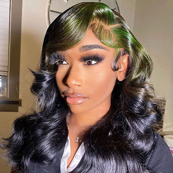 omgjackiee Recommend Color Green Skunk Stripe Hair Body Wave Human Hair Lace Front Wigs 180 Density junoda