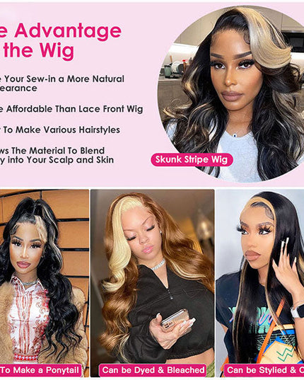 Junoda Caramel Honey Blonde Skunk Stripe Hair Body Wave Lace Front Wig TikTok junoda