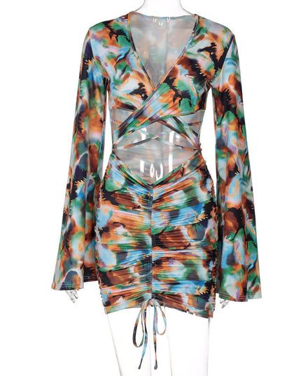 Women's Printed V-Neck Tie Long Sleeve Drawstring Hip Wrap Dress