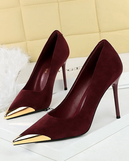 Burgundy Suede Stiletto Heels with Gold Toe Cap - Elegant Pointed Toe Pumps for Women