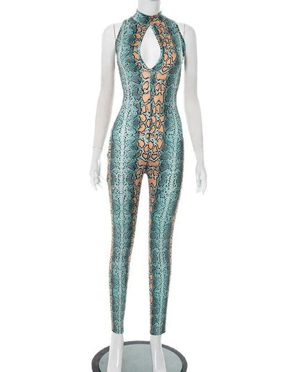 Sexy Printed Semi-high Neck Hollow-out Tight Zipper Jumpsuit Pants