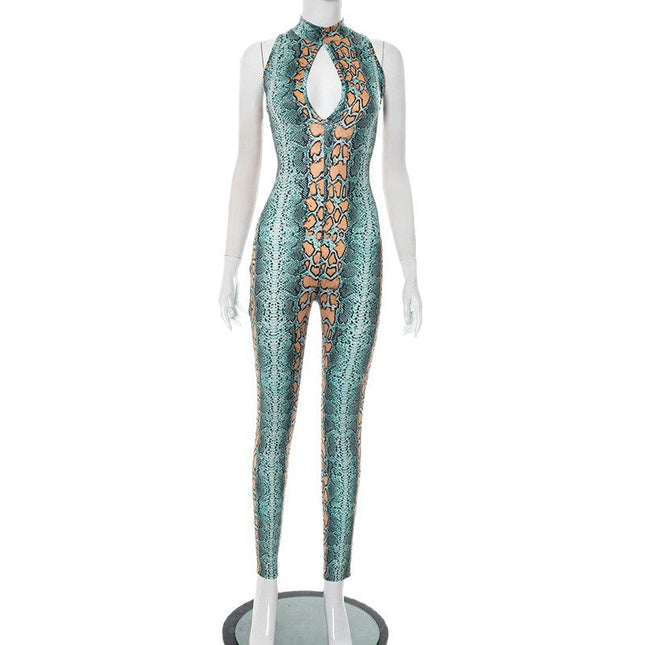 Sexy Printed Semi-high Neck Hollow-out Tight Zipper Jumpsuit Pants