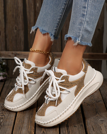 White Rhinestone PU Leather Platform Casual Sneakers