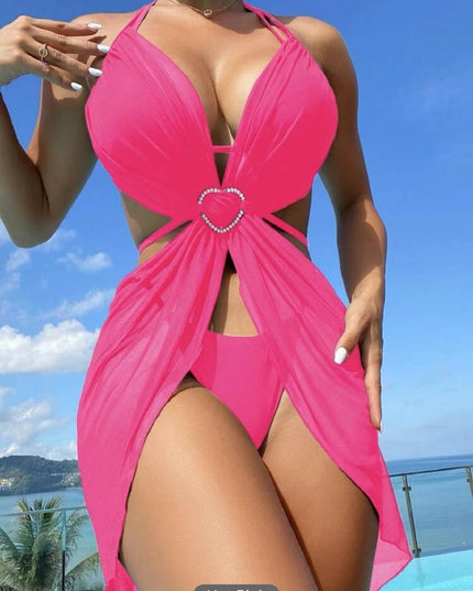 3pcs Halter Neck Bikini Beach Summer Solid Color Split Swimsuit Womens Clothing
