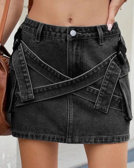 Criss-Cross Waist Pocketed Denim Mini Skirt