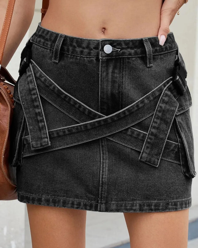 Criss-Cross Waist Pocketed Denim Mini Skirt