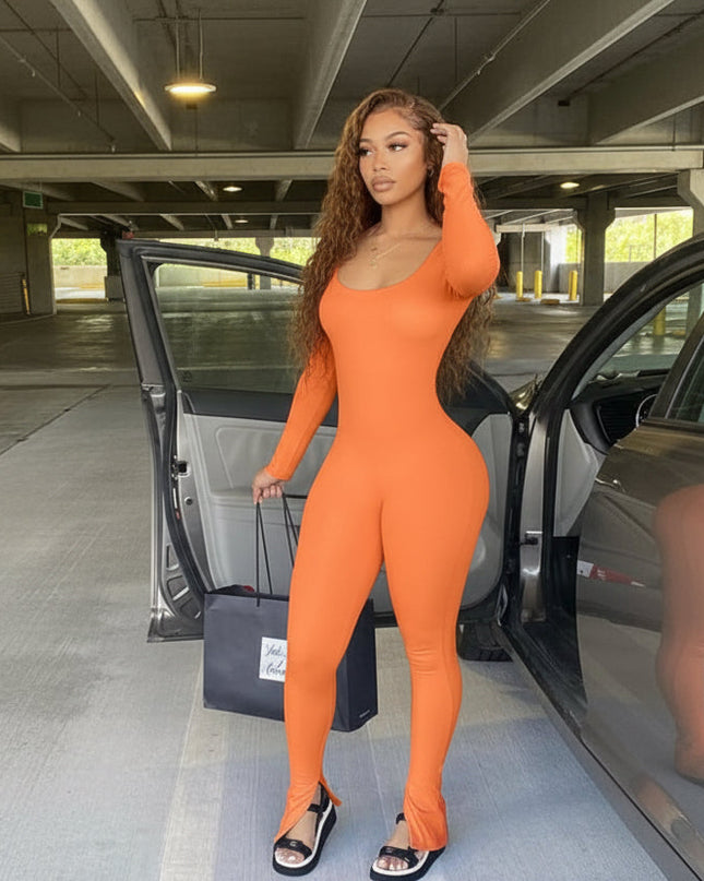 Long Sleeve Backless Orange Jumpsuit