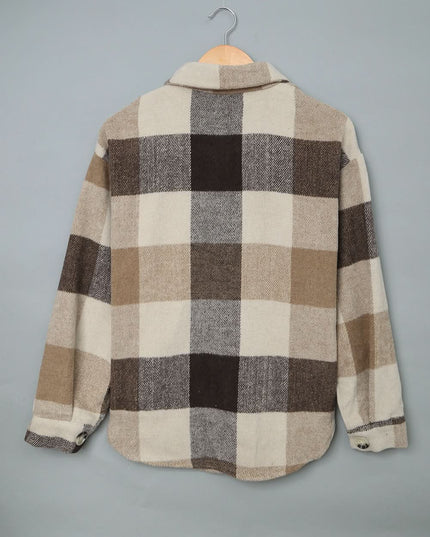 Khaki Plaid Color Block Shacket With Buttoned Pockets