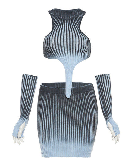 Knitted Gradient Irregular Top High Waist Skirt Set