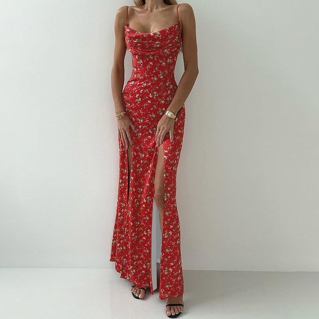 Women's Printed High Waist Slit Off-neck Dress