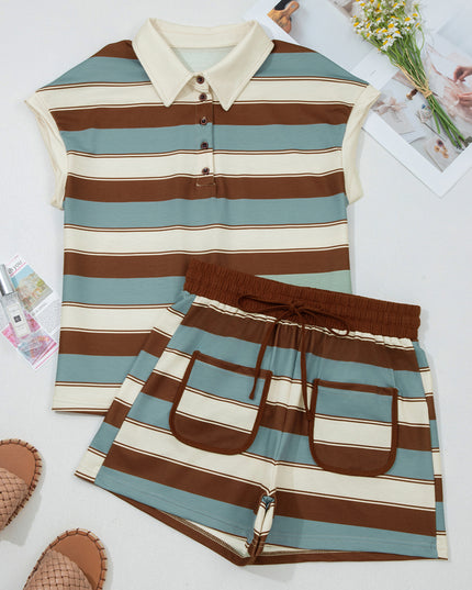 White Stripe Button Polo Collar Tee Drawstring Elastic Waist Patchwork 2pcs Short Set