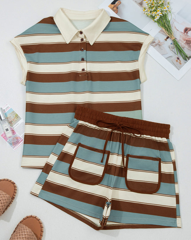 White Stripe Button Polo Collar Tee Drawstring Elastic Waist Patchwork 2pcs Short Set