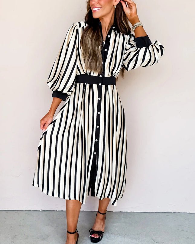Black Stripe 3/4 Puff Sleeve Shirt Style Button Down Midi Dress
