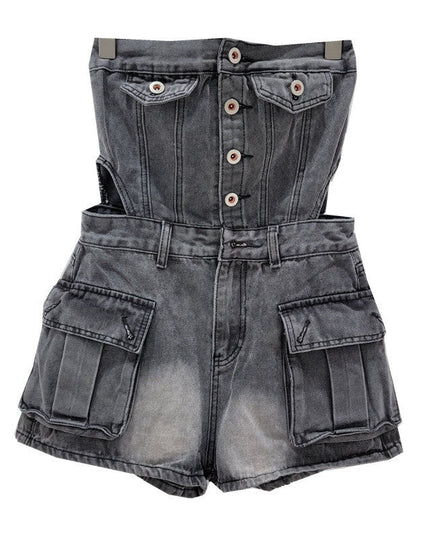Hot Girl Breasted Hollow-out Midriff Tube Top Cowboy Siamese Shorts For Women