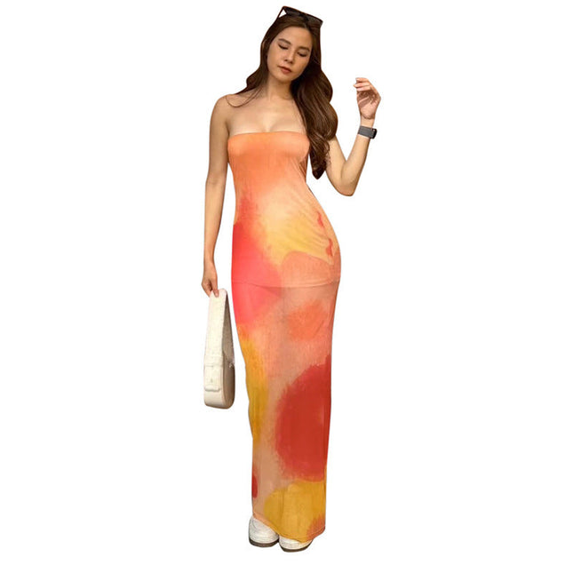 Contrast Color Tube Top Printing Dress