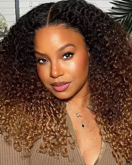 Ombre Brown And Honey Brown Jerry Curly Wig Ready To Go 7x4 Lace Frontal Wig Human Hair junoda