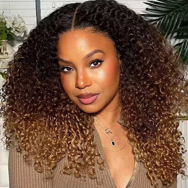 Ombre Brown And Honey Brown Jerry Curly Wig Ready To Go 7x4 Lace Frontal Wig Human Hair junoda