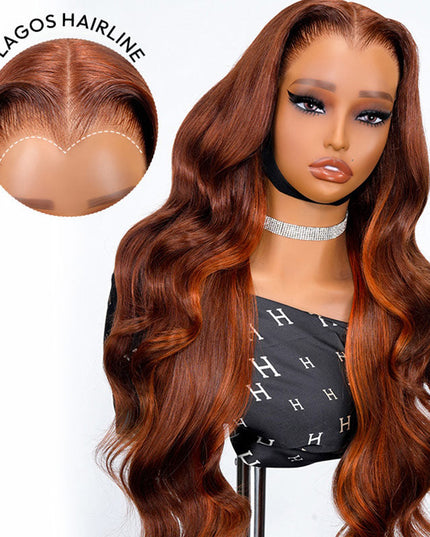 Lagos Hairline Body Wave Dark Burnt Orange Highlight Wig Human Hair Glueless 13x4 Lace Front Wig junoda