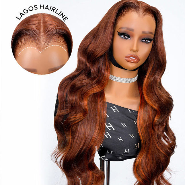 Lagos Hairline Body Wave Dark Burnt Orange Highlight Wig Human Hair Glueless 13x4 Lace Front Wig junoda