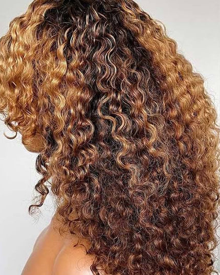 Junoda Highlight Brown Blonde Color Afro Kinky Curly Human Hair Wig with Bangs junoda