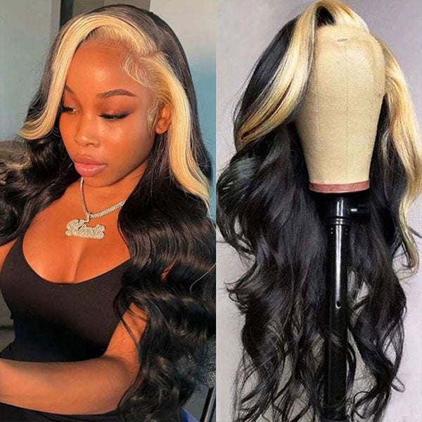 613 Blonde Skunk Stripe Hair Body Wave Human Hair Lace Front Wigs 180 Density junoda