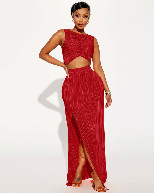 European And American Women's Clothing Slit Dress Two-piece Set