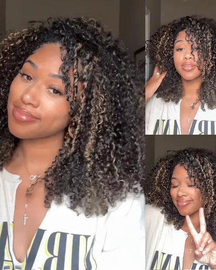 Highlight Brown Kinky Curly Drawstring Wig Draw-strings Flip Over Wig junoda