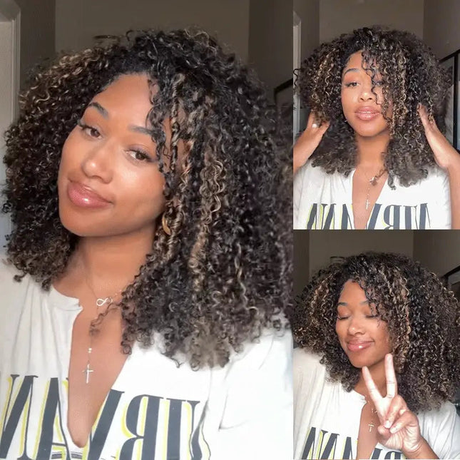 Highlight Brown Kinky Curly Drawstring Wig Draw-strings Flip Over Wig junoda