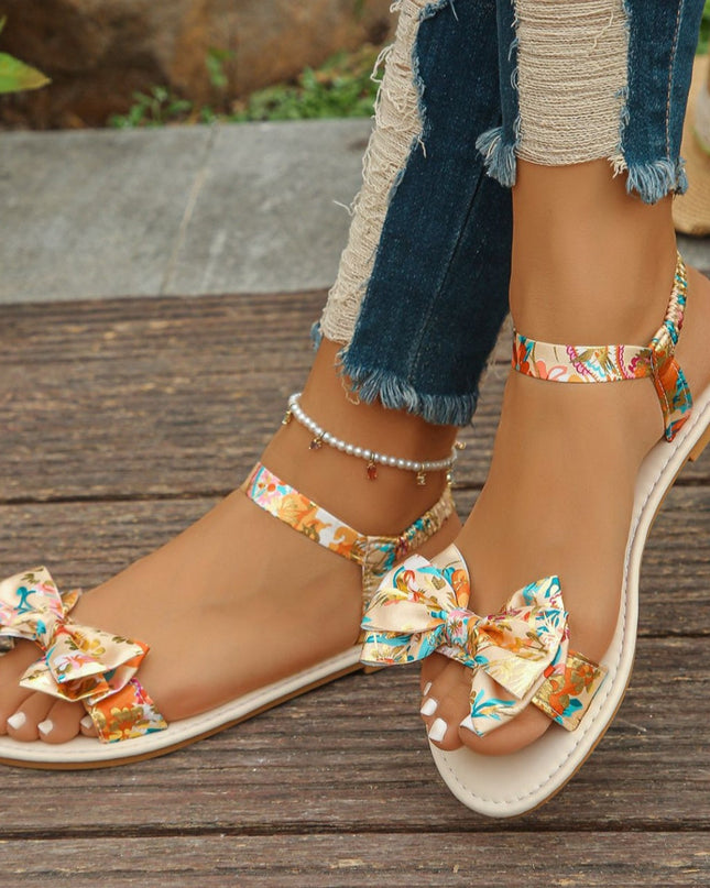 Floral Bowknot Ankle Strap Flat Sandals Shopimist