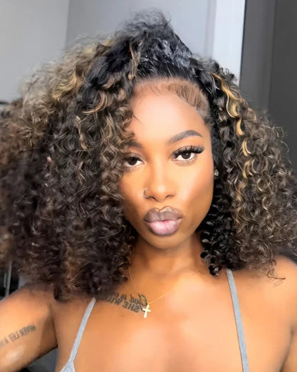 Highlight Brown Water Wave Drawstring Wig Invisible Hairline Drawstrings Wig junoda