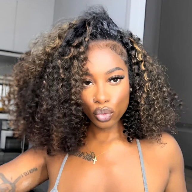 Highlight Brown Water Wave Drawstring Wig Invisible Hairline Drawstrings Wig junoda