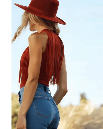 Red Tassel Halter Sleeveless Womens Tank Top