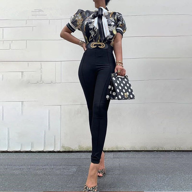 Printed chain shirt bow puff sleeve See size chart under “more details”