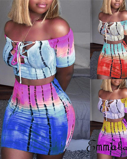 Sexy Women 2 Piece Outfits Set Off Shoulder Crop Top and Bodycon Mini Skirt Female Suit Summer Slim Party Club Clothing