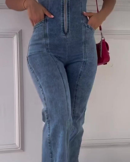 Sleeveless Paneled Zipper Denim Jumpsuit