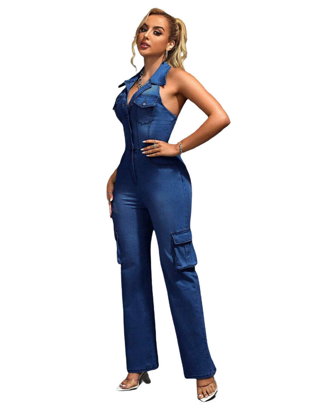 Tight Waist Slim High Elastic Wash Denim Jumpsuit