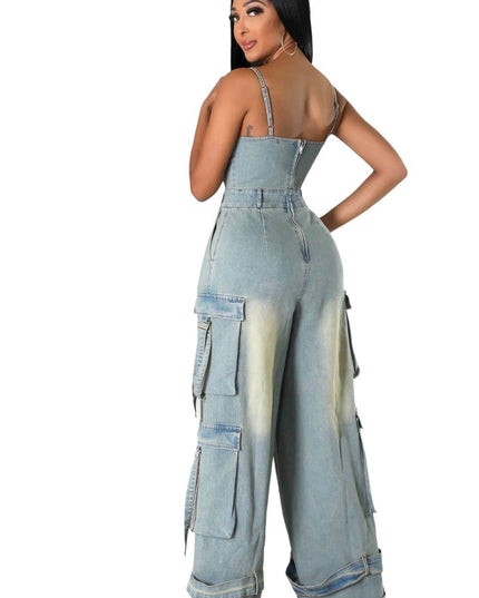 Dirty Wash Denim Jean Cargo Jumpsuit