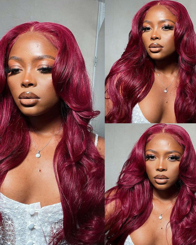 99J Color Burgundy Straight / Body Wave Wig Lace Front Wig Flash Sale junoda