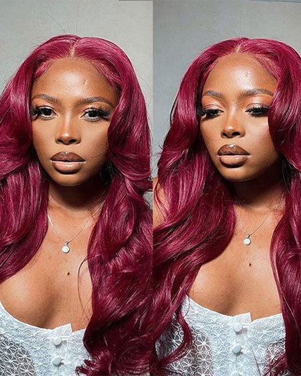 Junoda 99J Burgundy Red Body Wave 4x4 13x4 Transparent Lace Front Human Hair Wigs junoda