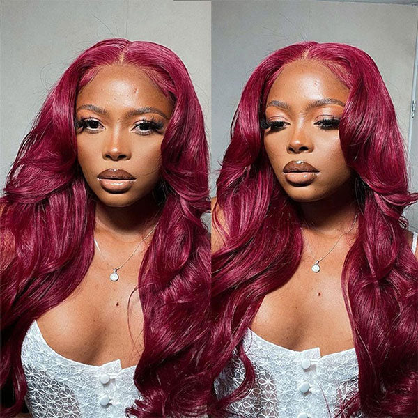 Junoda 99J Burgundy Red Body Wave 4x4 13x4 Transparent Lace Front Human Hair Wigs junoda