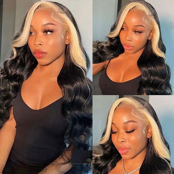 613 Blonde Skunk Stripe Hair Body Wave Human Hair Lace Front Wigs 180 Density junoda
