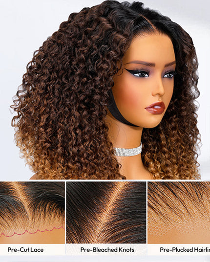 Ombre Brown And Honey Brown Jerry Curly Wig Ready To Go 7x4 Lace Frontal Wig Human Hair junoda