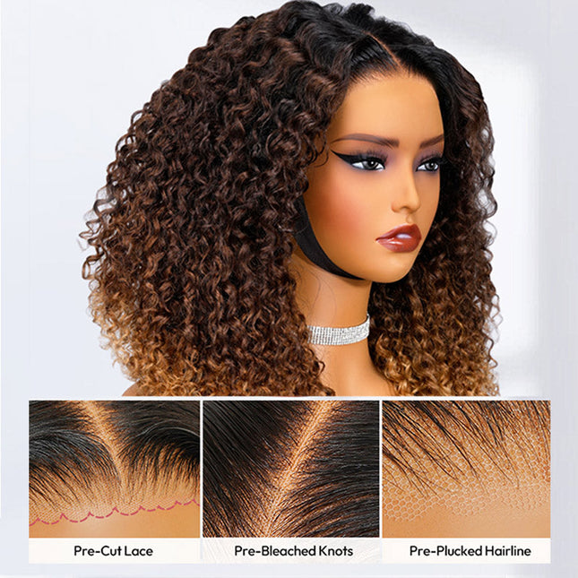 Ombre Brown And Honey Brown Jerry Curly Wig Ready To Go 7x4 Lace Frontal Wig Human Hair junoda