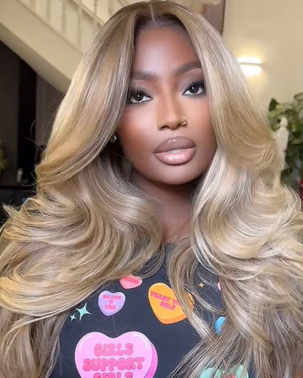 Highlight Honey Blonde Lace Front Body Wave Transparent Lace Wig 100% Human Hair Glueless Wig junoda