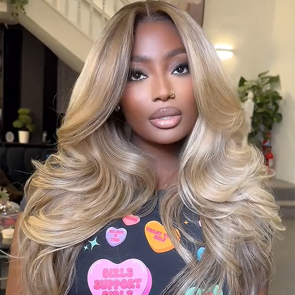 Highlight Honey Blonde Lace Front Body Wave Transparent Lace Wig 100% Human Hair Glueless Wig junoda