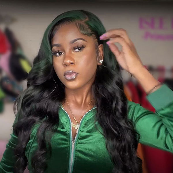 Color Green Skunk Stripe Hair Body Wave Human Hair 4x4 Lace Front Wigs Fast Shipping junoda