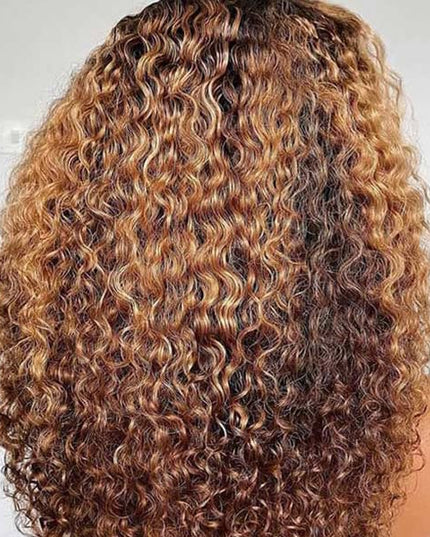 Junoda Highlight Brown Blonde Color Afro Kinky Curly Human Hair Wig with Bangs junoda