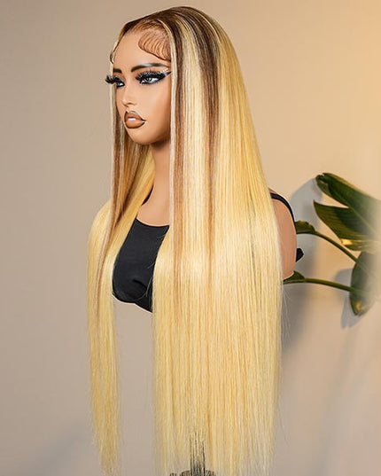 Honey Blonde Ombre Wig Super Invisible Lace Wig Straight Human Hair With Dark Roots junoda